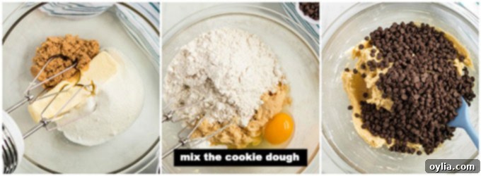 Collage of three step-by-step photos showing the process of making chocolate chip cookie dough: creaming butter and sugars, adding egg and vanilla, and mixing in dry ingredients with chocolate chips.