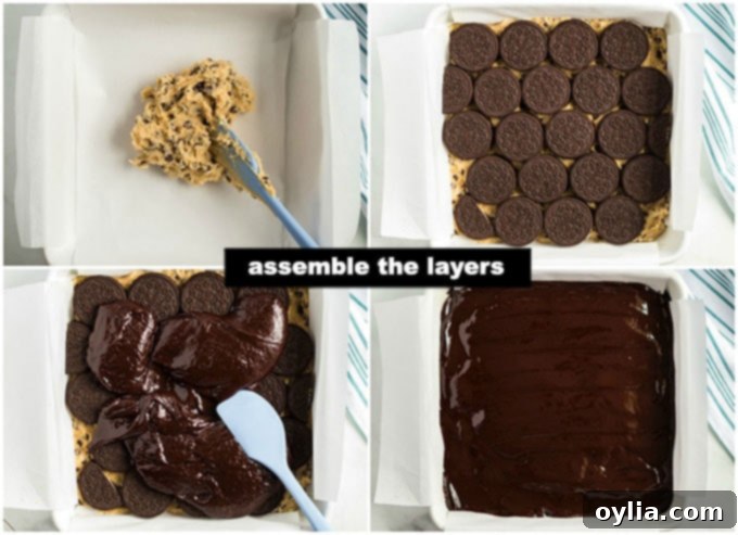Collage of four step-by-step photos showing the assembly of Slutty Brownies: pressing cookie dough into a pan, layering Oreos, adding brownie batter, and spreading brownie batter evenly.