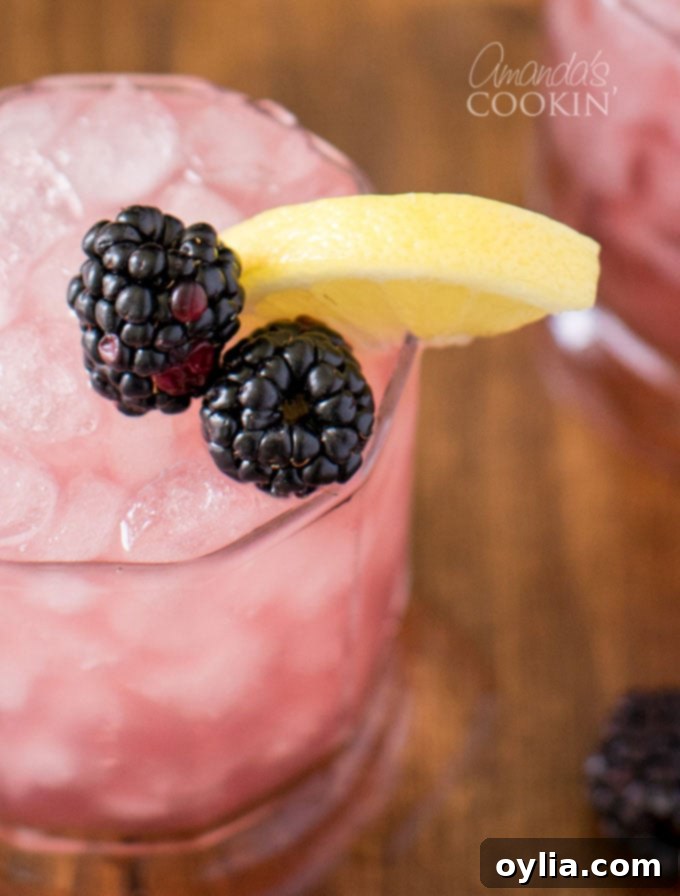 Close up of a Bramble cocktail, showcasing the vibrant purple hue, with fresh blackberries and a lemon wedge resting on the rim of the glass, highlighting its beautiful presentation.