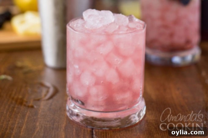 A Bramble cocktail freshly strained into a rock glass filled with crushed ice, awaiting its blackberry liqueur drizzle and garnish.