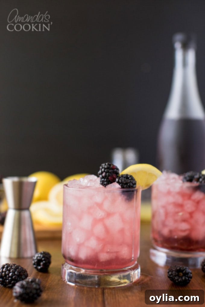 A perfectly garnished Bramble cocktail, showcasing a single fresh blackberry and a vibrant lemon wedge on the rim of the glass.