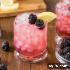 A close-up shot of a Bramble cocktail in a rock glass, garnished with a fresh blackberry and a lemon slice.