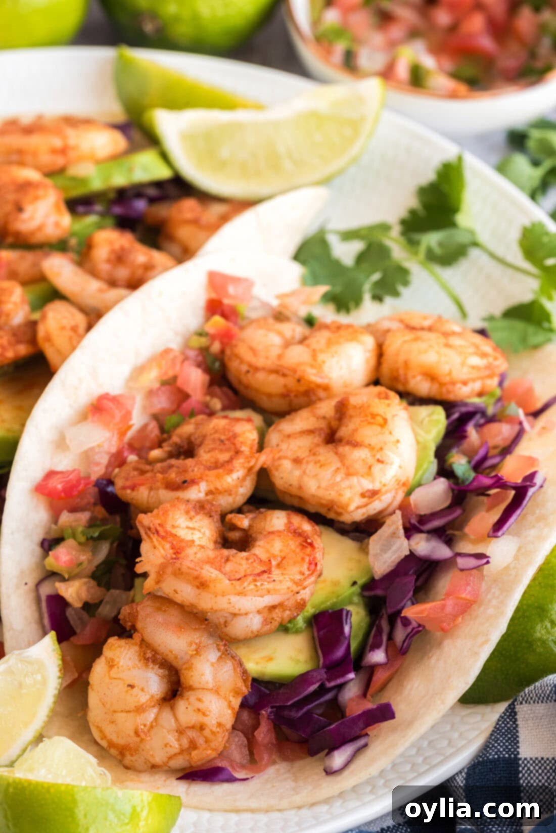 Close-up photo of a single, beautifully prepared shrimp taco with visible toppings like shrimp, avocado, and cabbage