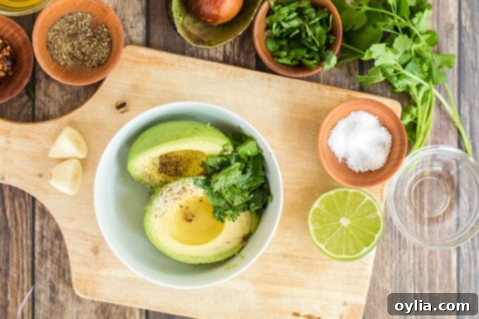 Key ingredients for avocado toast laid out: ripe avocados, fresh cilantro, a lime, sea salt, and black pepper.