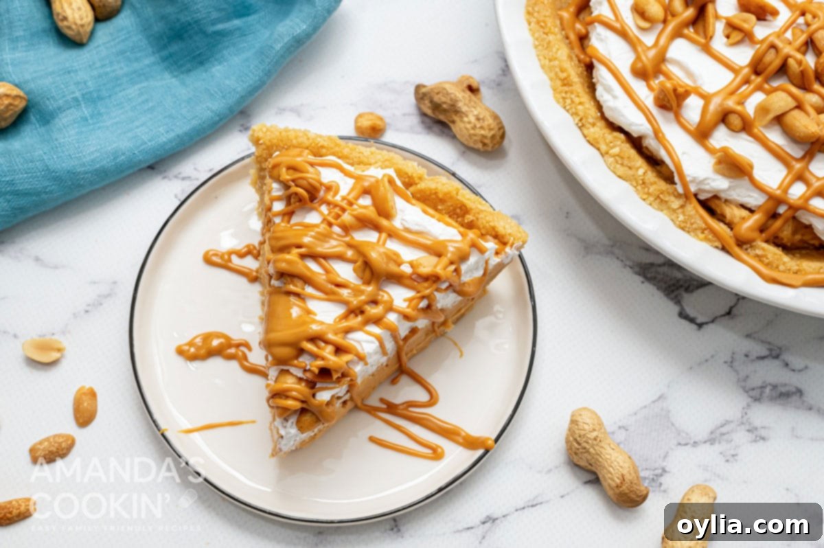 overhead view of a slice of peanut butter pie