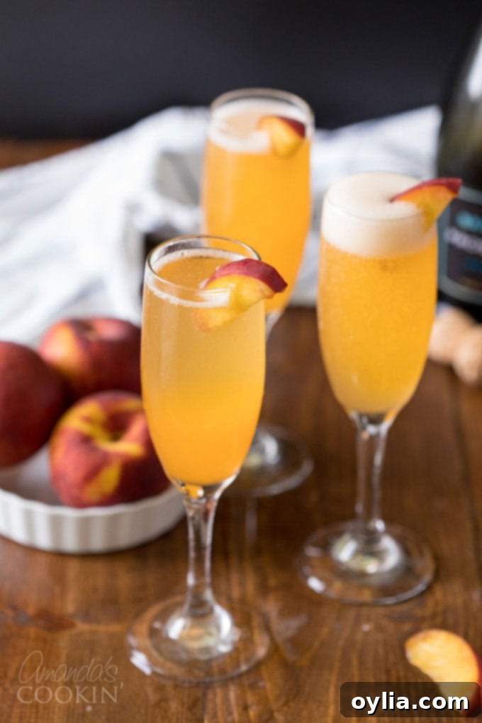 Three perfectly prepared Bellini cocktails, showcasing their beautiful peach color, set against a bright background.