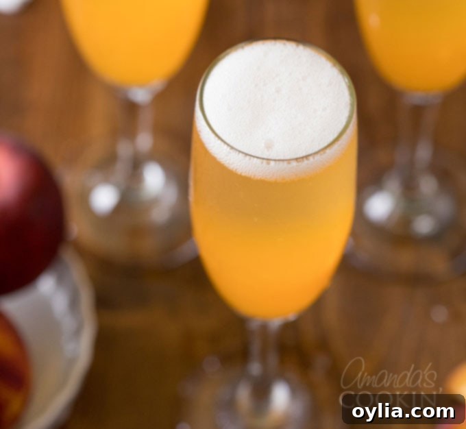 Close-up of the delicate, fizzy top of a freshly made Bellini cocktail in a champagne flute.
