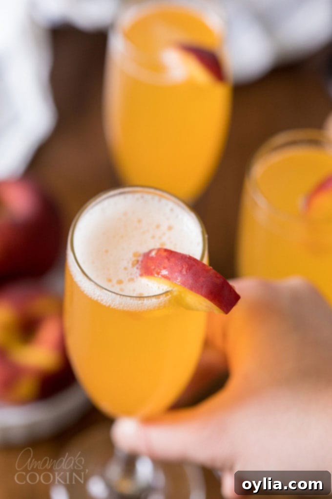 A hand raising a beautifully prepared Bellini cocktail in a champagne flute, ready for a toast.