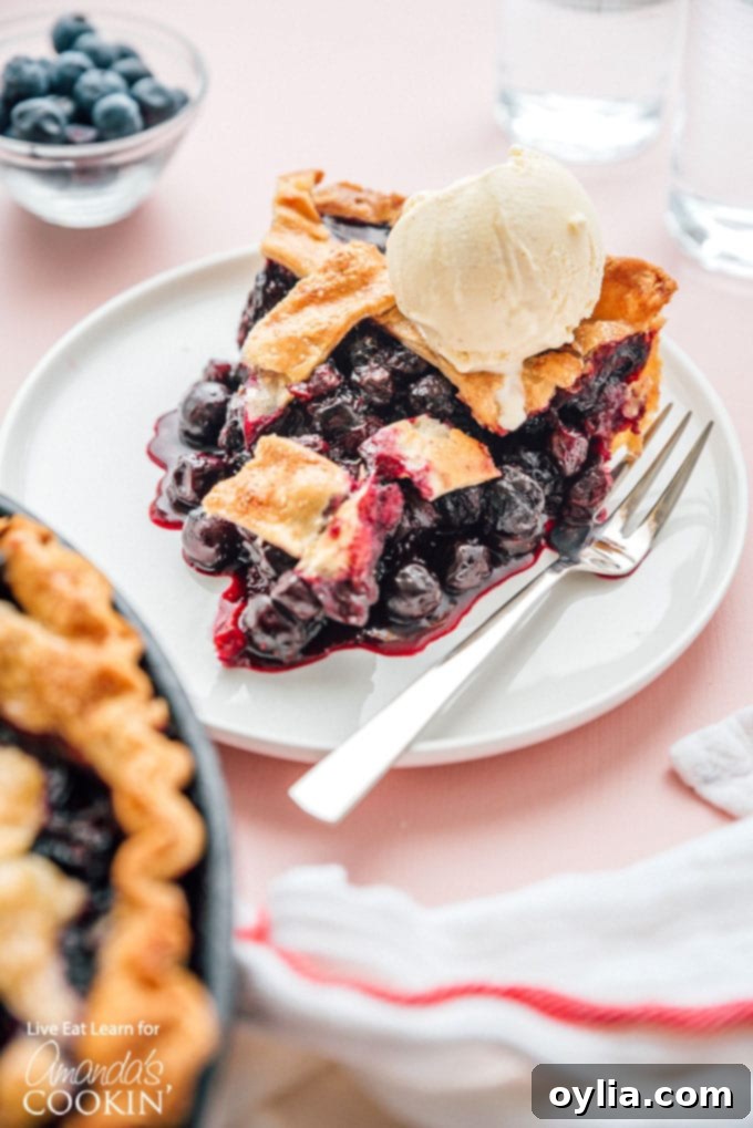 Blueberry Pie is a timeless classic. This recipe will show you how to make the perfect blueberry pie for your next party or get together. blueberry pie slice with ice cream
