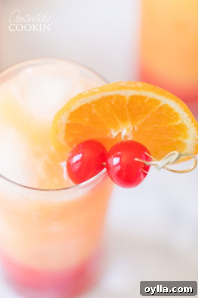 close up of glass with orange and cherry garnishes in a Tequila Sunrise cocktail