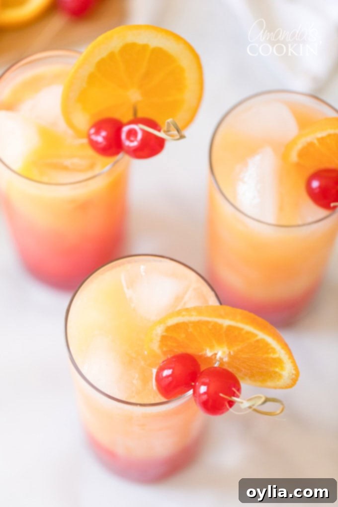 overhead shot of two beautifully garnished Tequila Sunrise drinks