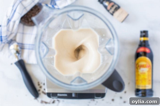 Blender mixing ice cream, liqueurs, and vodka to create a creamy Frozen Mudslide.