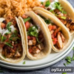 plate with 4 chicken tacos in corn tortilla shells