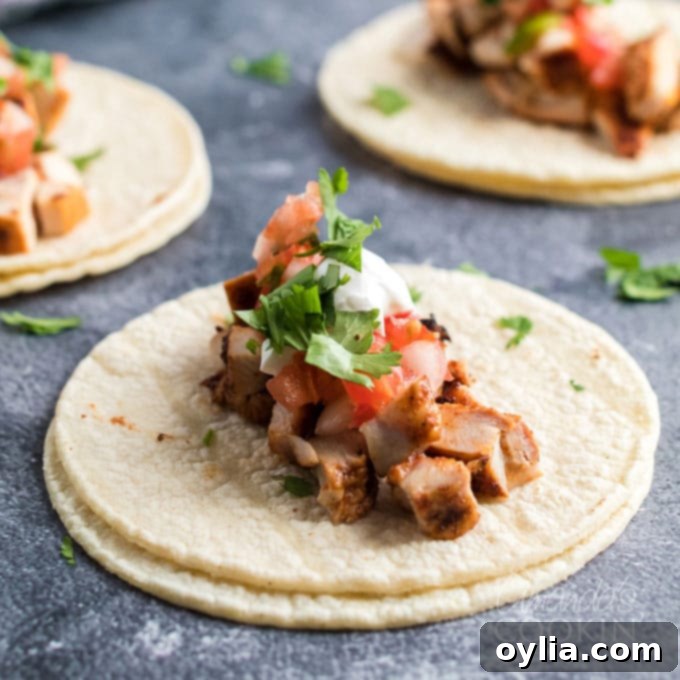 two corn tortillas with chicken taco filling and toppings