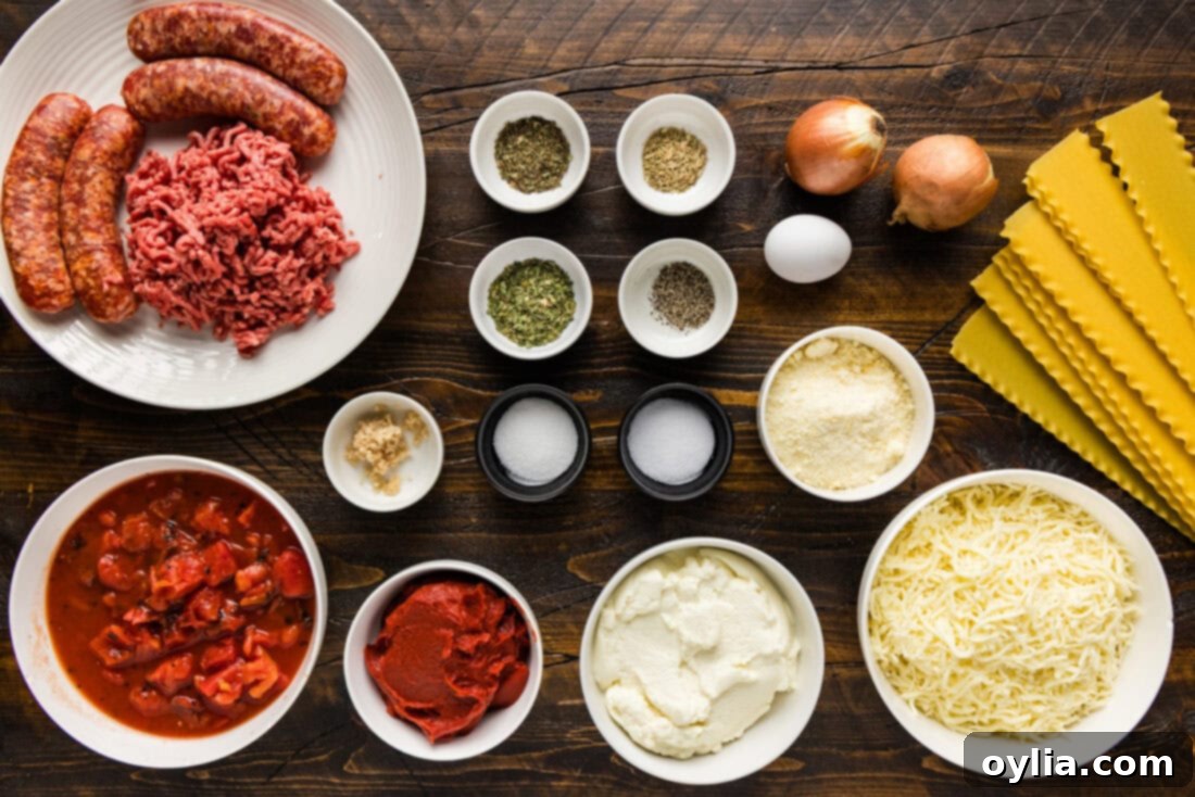 All the fresh ingredients laid out for making Italian Lasagna