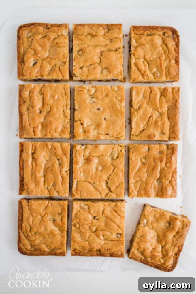Chewy Chocolate Chip Blondies 3 Close-up of freshly baked blondies cut into perfect squares, showcasing their chewy texture and melted chocolate chips.