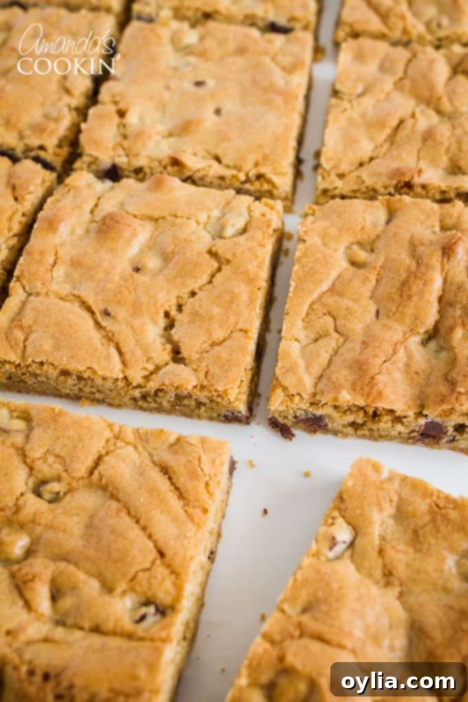 Chewy Chocolate Chip Blondies 4 Soft and chewy chocolate chip blondies cooling on a wire rack, showing their golden brown edges and melty chocolate.