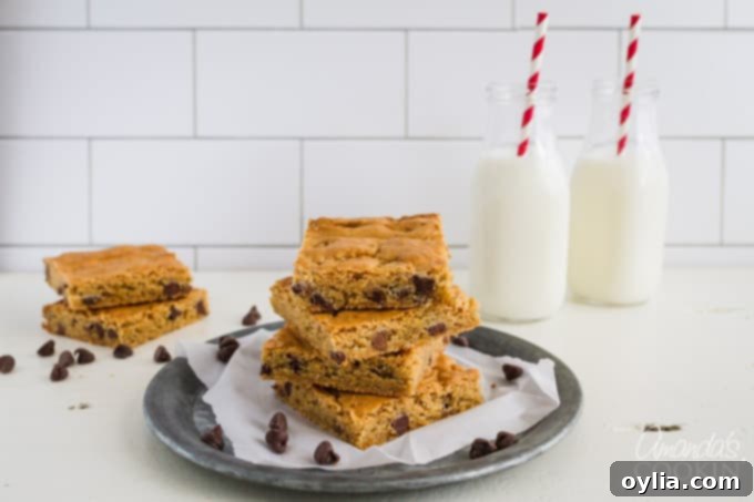 Chewy Chocolate Chip Blondies 6 A large, perfectly baked chocolate chip blondie with a golden crust, ready to be sliced and served.
