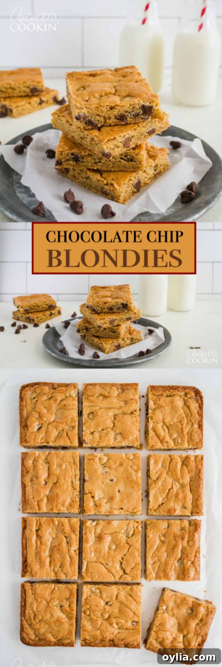 Chewy Chocolate Chip Blondies 8 pinterest image with text for blondies