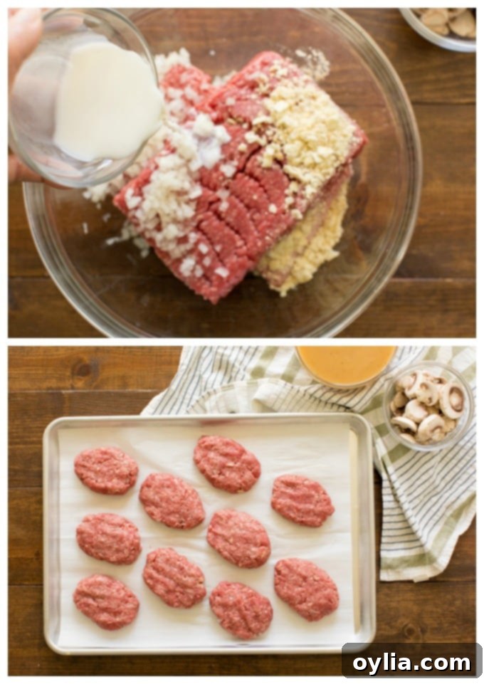 Mixing ground beef and ingredients in a bowl for Salisbury steak patties