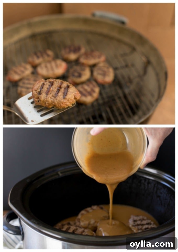 Grilling Salisbury steak patties to get grill marks before simmering