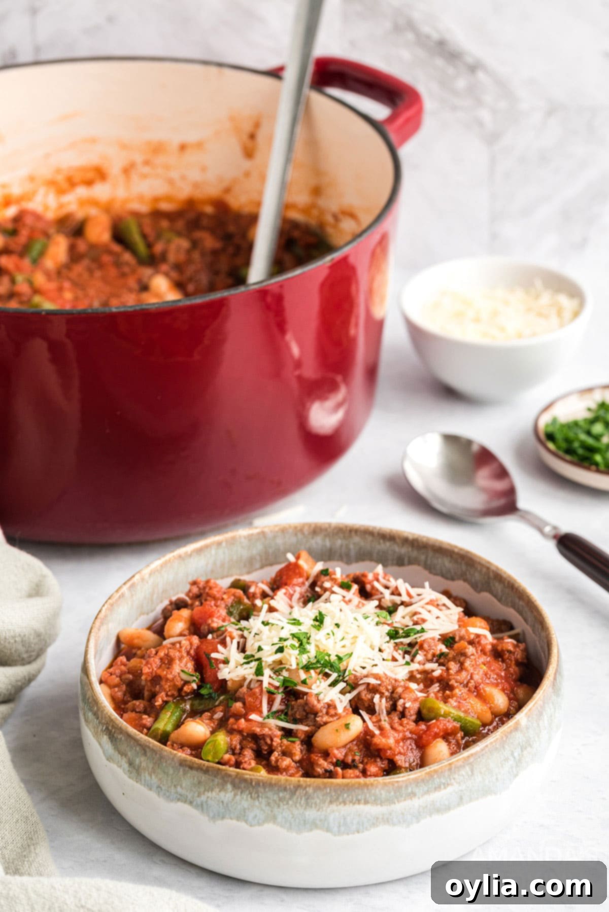 bowl of hamburger stew with a pan in the background