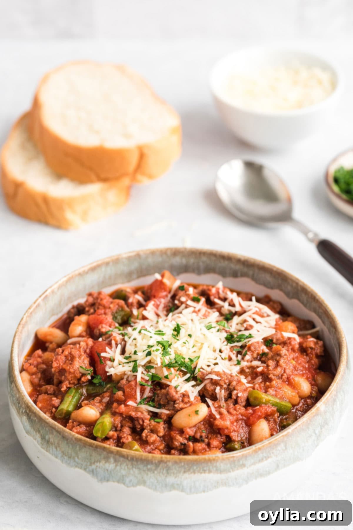 bowl of hamburger stew with bread slices