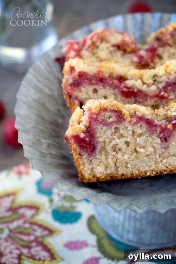 The finish product is so worth the wait and the torturous aroma! A perfectly baked Raspberry Coffee Cake, golden and inviting, ready to be enjoyed.