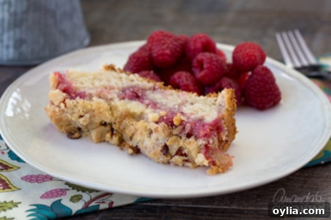Scrumptious raspberry coffee cake! A beautifully plated slice, showing off the rich texture and berry filling, ready to be savored.