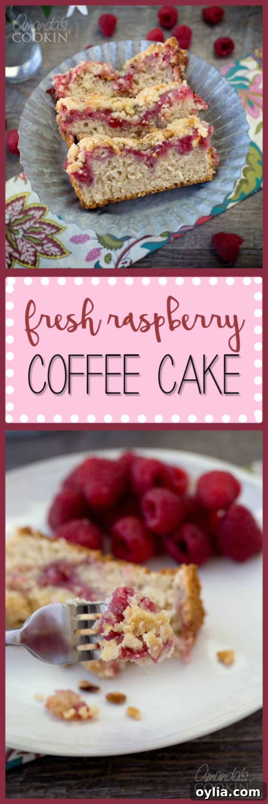 A composite image showing a forkful of raspberry coffee cake and a full slice on a plate, highlighting its delicious texture.