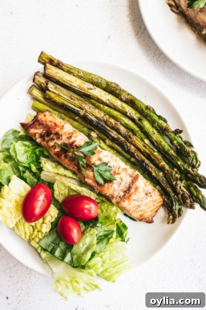 Succulent Grilled Salmon 4 overhead view of grilled salmon and asparagus on plate