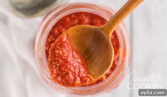 A spoonful of luscious homemade pizza sauce, showcasing its perfect texture.