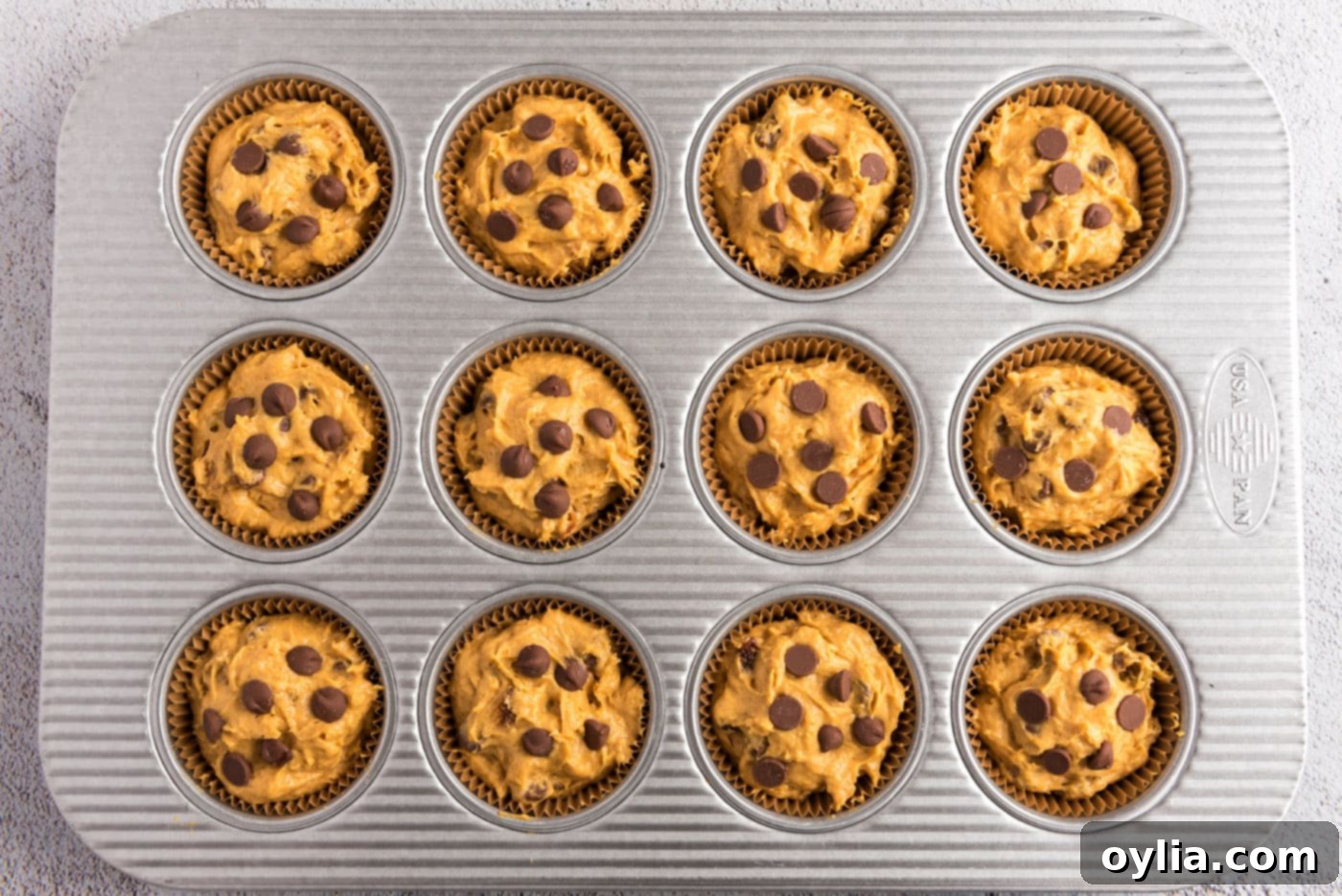 Chocolate chip pumpkin muffin batter filled into pan cavities with extra chips on top