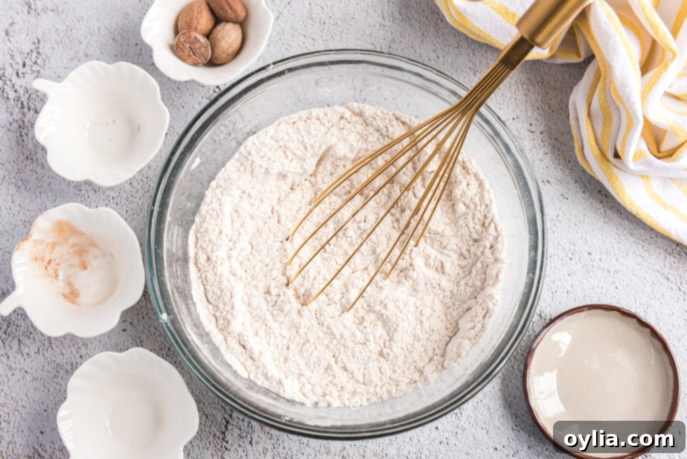 Whisked flour and spices in a bowl, ready for wet ingredients