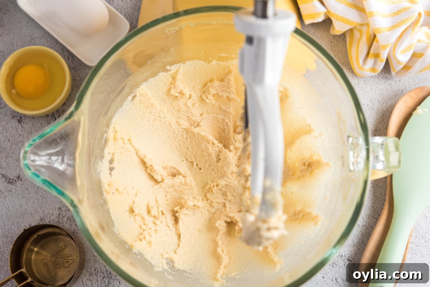 Butter and sugar mixture beaten until light and smooth in a bowl