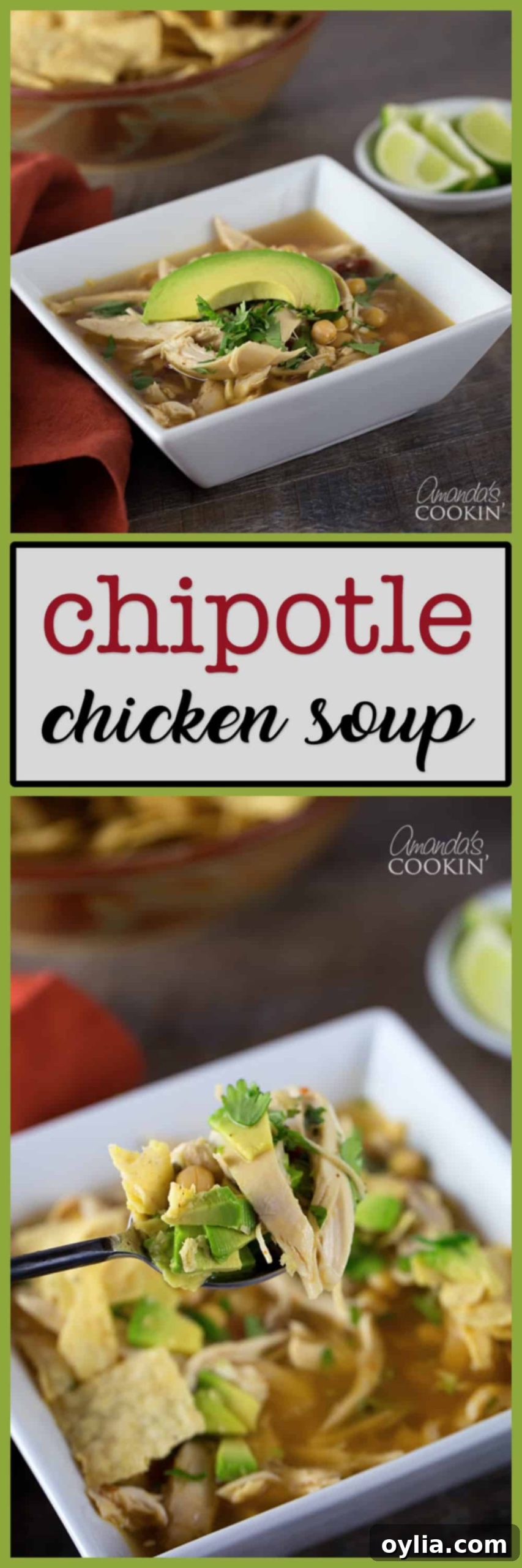 Smoky Chipotle Chicken Soup 9 Photos of chipotle chicken soup in a white bowl.