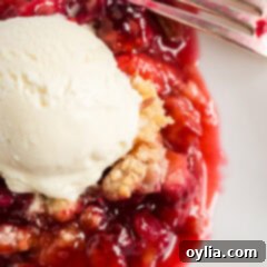 Close up photo of Prize Winning Rhubarb Crumble topped with ice cream