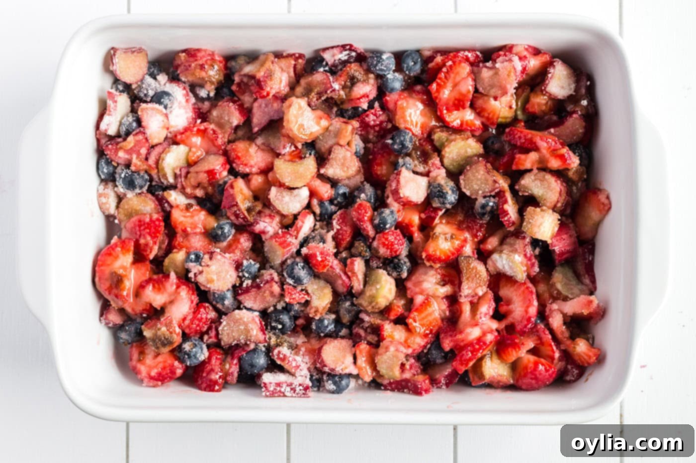 Fruit mixture in a 9x13 baking dish
