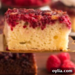 Raspberry Upside Down Cake on a spatula