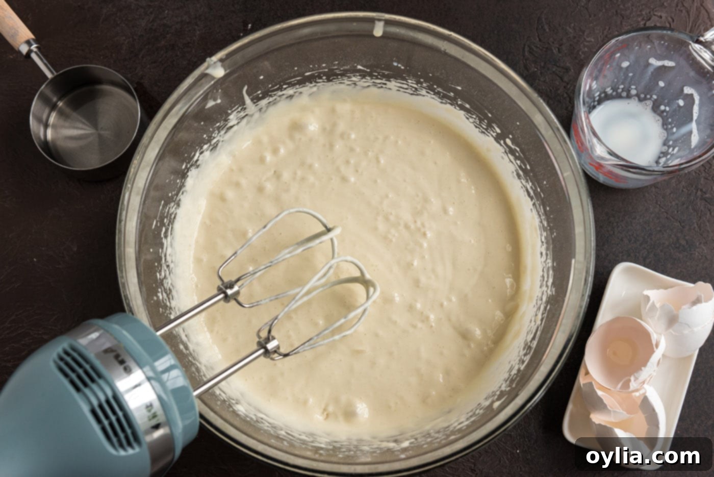 cake batter in a bowl of a mixer