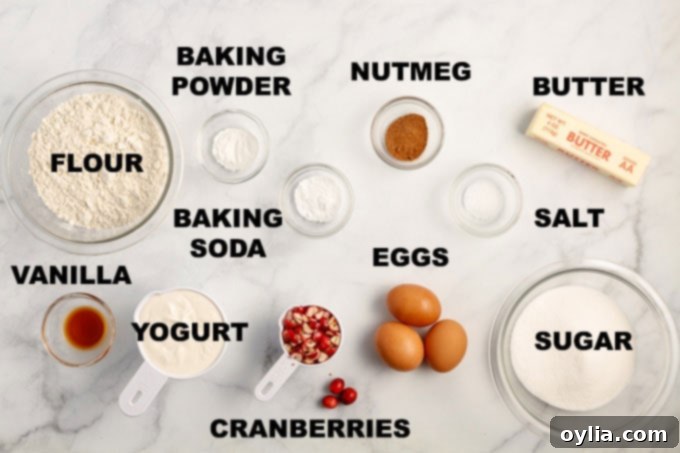 Arrangement of fresh ingredients for cranberry coffee cake, including flour, sugar, cranberries, and butter