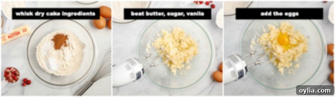 Close-up of butter, sugar, and vanilla being creamed together in a mixing bowl for coffee cake batter