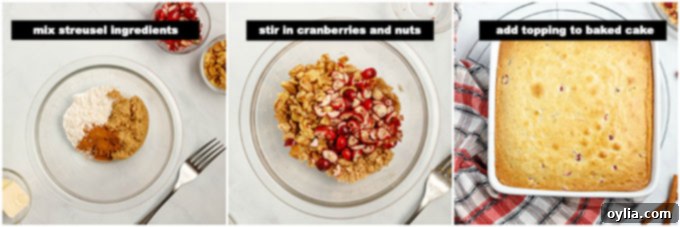 Sprinkling the cinnamon-walnut streusel topping over the partially baked cranberry coffee cake