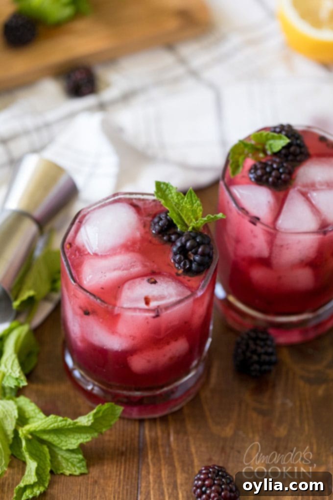 Midnight Berry Bourbon 2 two glasses of blackberry bourbon lemonade garnished with fresh blackberries and mint