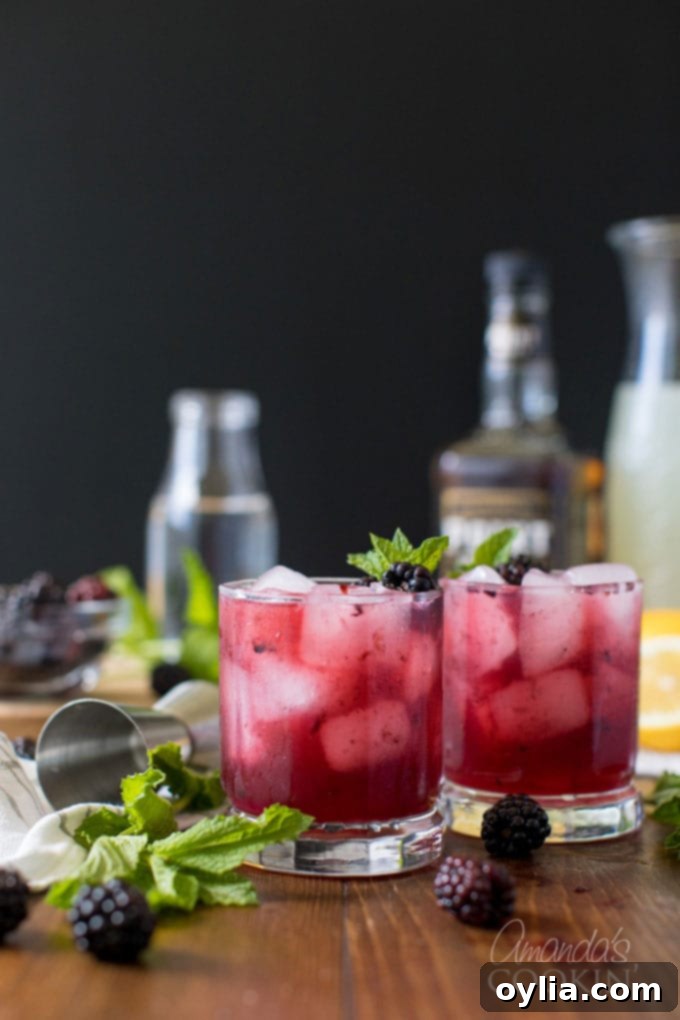 Midnight Berry Bourbon 7 two glasses of blackberry bourbon lemonade cocktail with garnishes