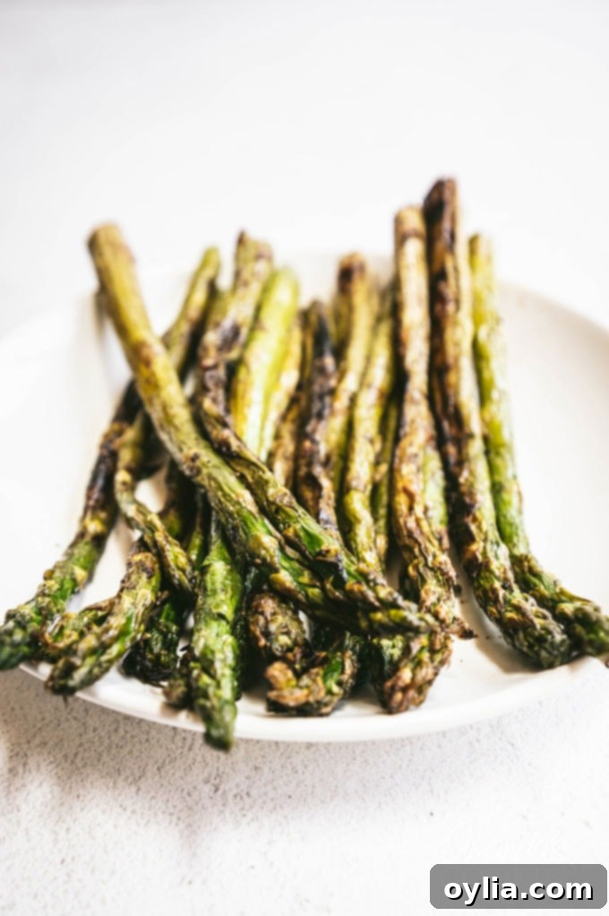 Perfectly grilled asparagus on a white serving plate, showcasing its beautiful char marks and vibrant green color.