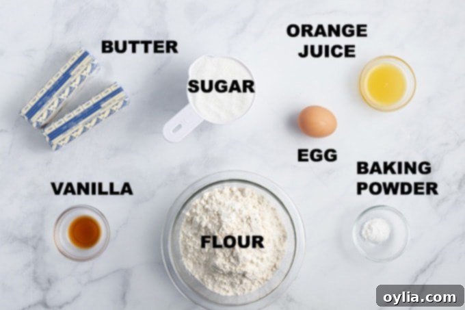 Butter Cookies are delicious and soft and easy to make. Slice and baking, roll out and cut with cookie cutters, or pipe through a tip for pretty cookies! A beautifully arranged selection of butter cookie ingredients, highlighting fresh butter, flour, sugar, eggs, and citrus.
