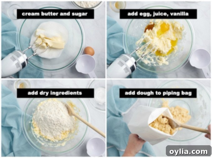 Butter Cookies are delicious and soft and easy to make. Slice and baking, roll out and cut with cookie cutters, or pipe through a tip for pretty cookies! Close-up image of butter cookie dough being mixed in a bowl, showcasing its smooth, creamy texture.