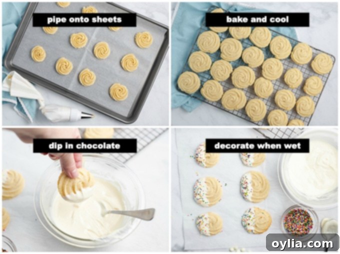 Butter Cookies are delicious and soft and easy to make. Slice and baking, roll out and cut with cookie cutters, or pipe through a tip for pretty cookies! Decorating butter cookies by dipping them in melted chocolate and adding sprinkles.