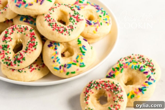 A delicious buttery sugar cookie with a pretty presentation. These soft cookies would be great for a birthday party, Cinco de Mayo celebrations, or just when you want a chewy sugar cookie. Plate of decorated Mexican cookie rings ready to serve